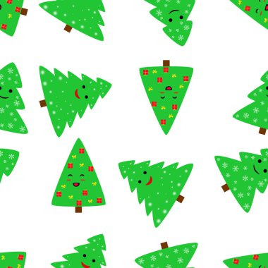 Beyaz arka planda üç çeşit Noel ağacı olan kusursuz bir desen.