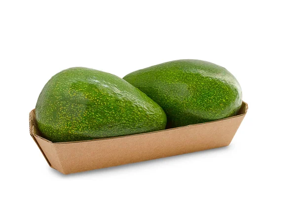 Zwei Avocados Einer Pappschüssel Auf Weißem Hintergrund Avocado Isoliert — Stockfoto