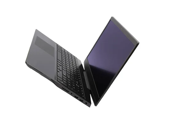 Bilgisayarın yarısı beyaz arkaplanda, dizüstü bilgisayar izole