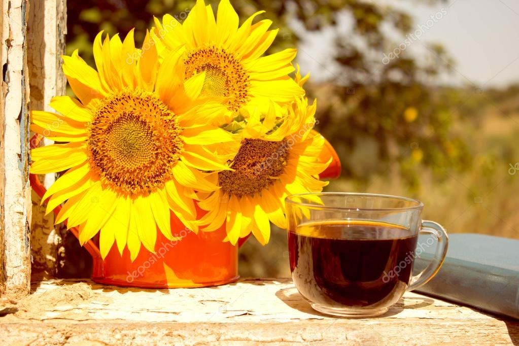 Cup of coffee on sunflowers background. coffee. morning, sunflower