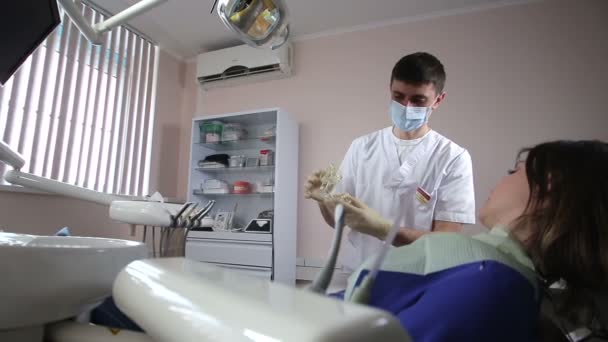 Dentist showing jaw layout to patient woman — Stock Video