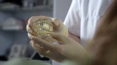 diş hekimi gösteren çene düzenine hasta kadın