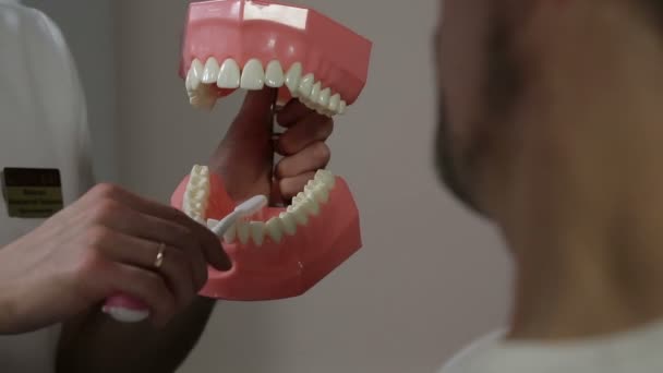Стоматолог объясняет человеку, как правильно чистить зубы — стоковое видео