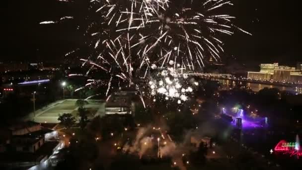Night view and firework at Moscow city — Stock Video