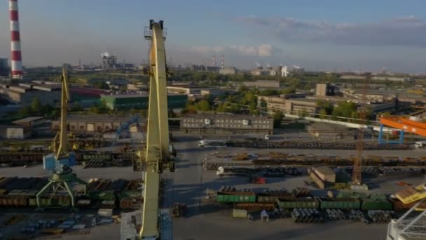 Aerial view to empty cargo dock with cranes — Stock Video