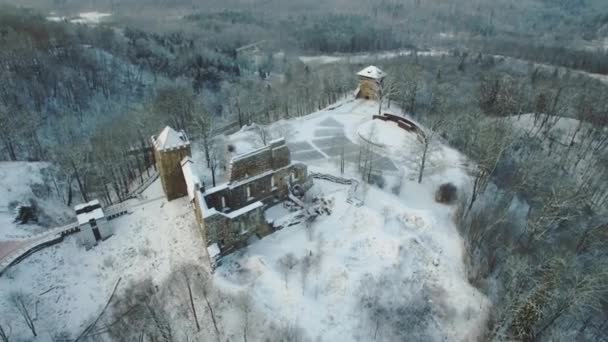 Vista aérea de las ruinas del castillo medieval en Sigulda — Vídeo de stock