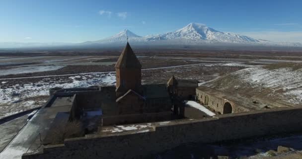 Khor Virap kloster panorama på sunrise framför Ararat berget, Armenien — Stockvideo
