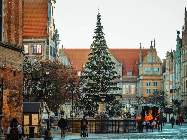 Gdask şehrindeki Noel ağacı. Neptün heykelinin orada Noel ağacı var. Gdask 'taki Neptün heykeli. Kışın bir çeşme. Şehirde kel bir ağaç.