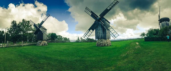 Sarema Windmill Village Old Wooden Windmills Estonia Panorama Village Estonia — Stock Photo, Image