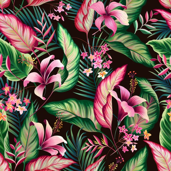 Patterm Floral Sans Couture Avec Hibiscus Feuilles Tropicales Sur Fond — Image vectorielle