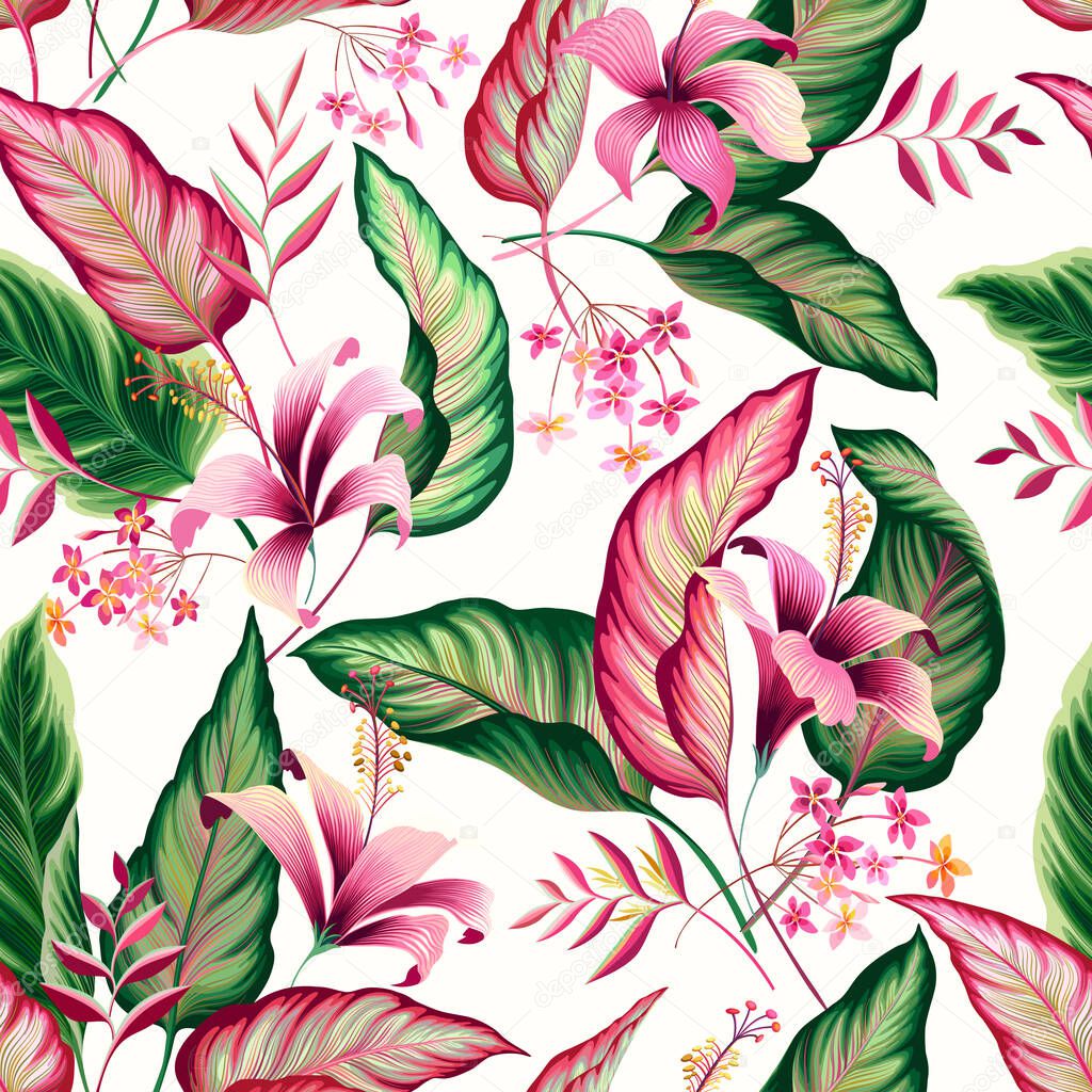 seamless floral patterm with hibiscus and tropical leaves on white background
