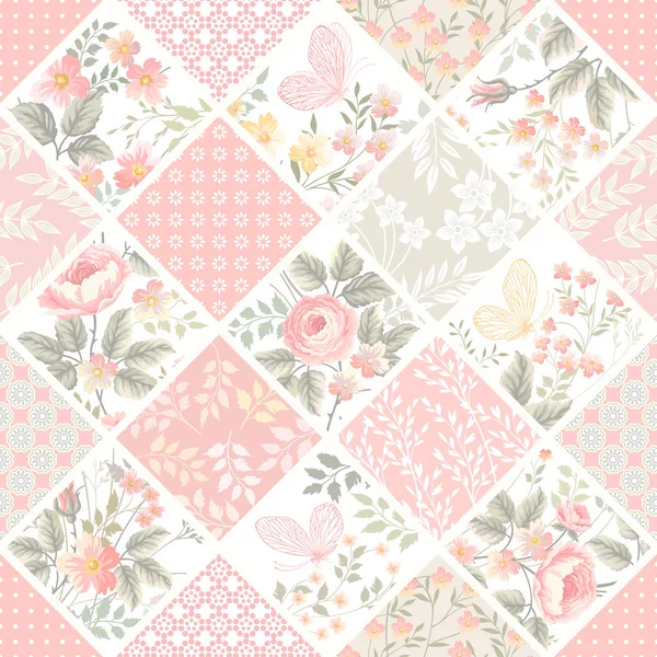Seamless patchwork pattern with roses — Stock Vector