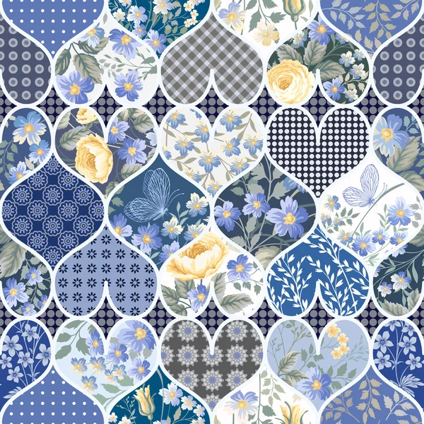 Varrat nélküli patchwork minta rózsák és a pillangók, kék — Stock Vector
