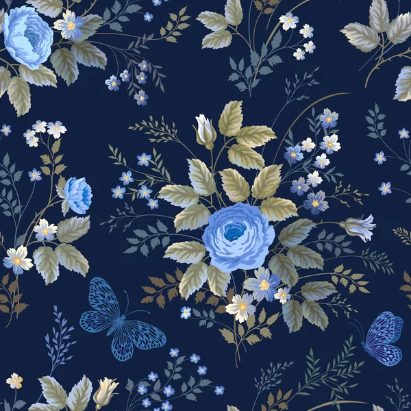 Seamless floral pattern with blue roses — Stock Vector