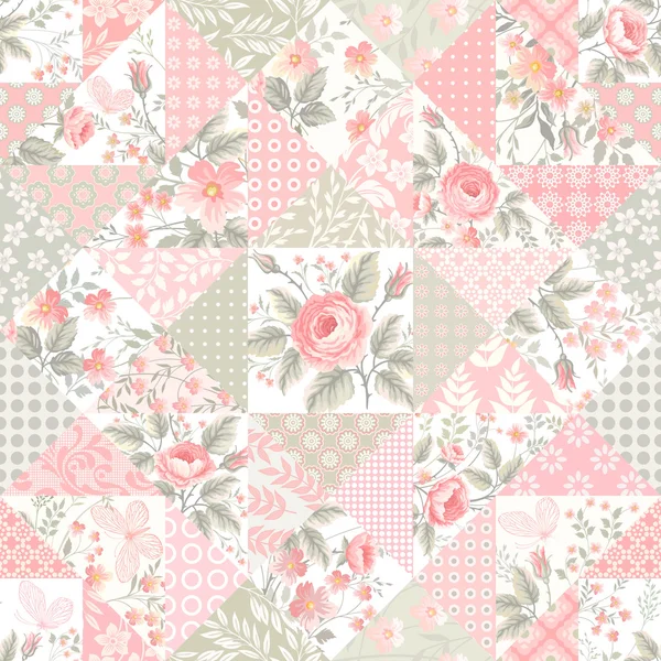 Seamless patchwork pattern with roses and butterflies — Stock Vector