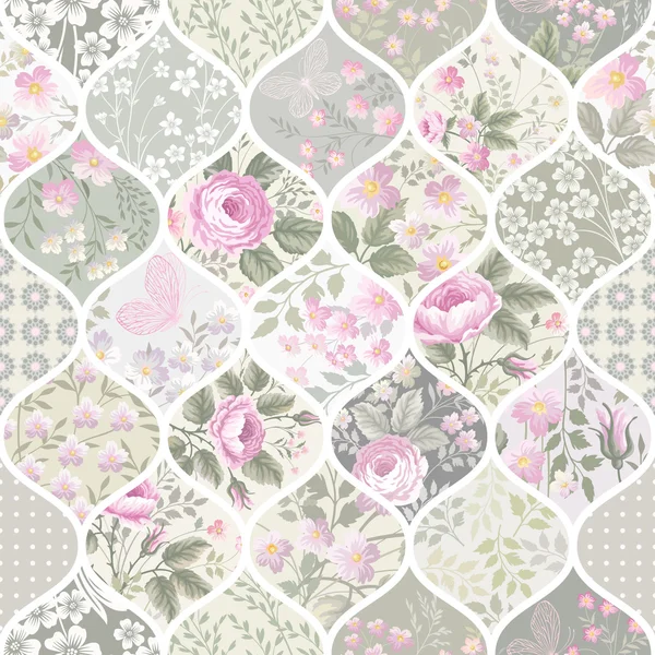 Seamless patchwork pattern with roses — Stock Vector