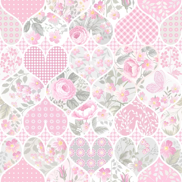 Seamless patchwork pattern with hearts — Stock Vector