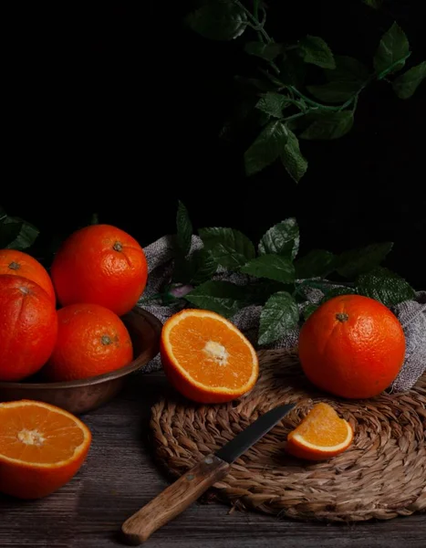 Still Life Oranges Traditional Table Knife Esparto Placemat — Stock Photo, Image