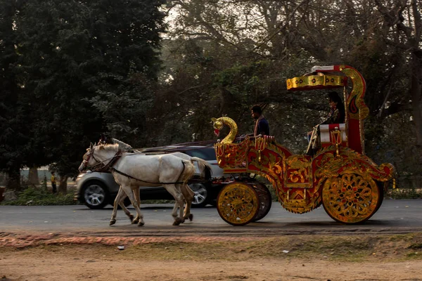 Kolkata, Hindistan, 25 Aralık 2020. İki atlı altın bir at arabası hayal edin ve iki kişi sürüşün tadını çıkarsın..