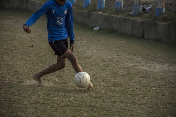 Young Boy Playing Football Play Ground Evening — Stock Photo, Image