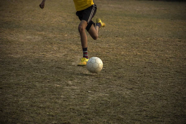 Young Boy Playing Football Play Ground Evening — Stock Photo, Image