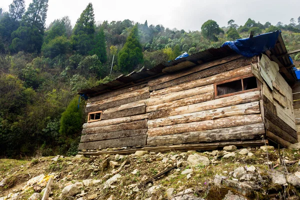 Ein Verlassenes Holzhaus Mit Grünem Wald Hintergrund Dorf Lachung North — Stockfoto