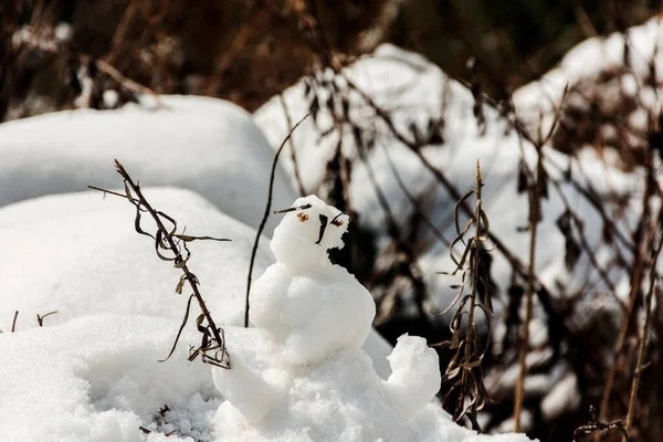 Tourist made small snow man with ice while after snowfall. Selective focus.