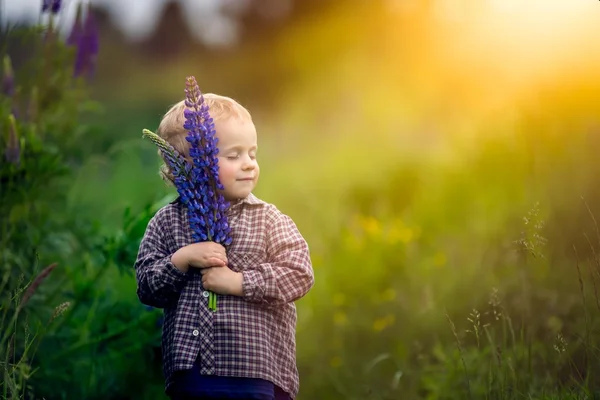 Bonito menino brincando ao ar livre no pôr do sol de verão . — Fotografia de Stock