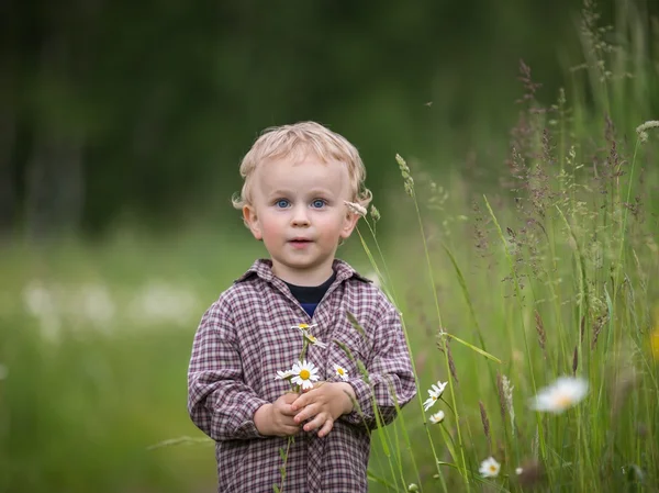 Carino bambino che gioca all'aperto al tramonto estivo . — Foto Stock