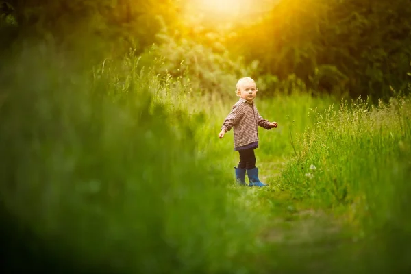 Schattige kleine jongen spelen buiten bij zonsondergang zomer. Rechtenvrije Stockfoto's