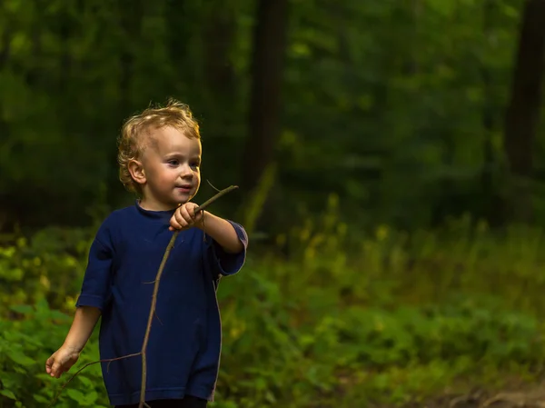 Pequeño chico rubio jugando en el bosque — Foto de Stock