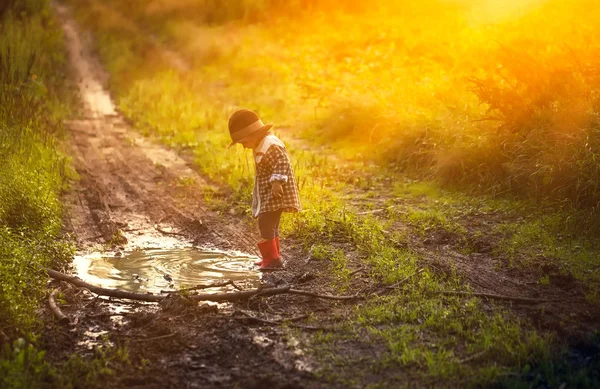 Orman su birikintisine oynayan çocuk