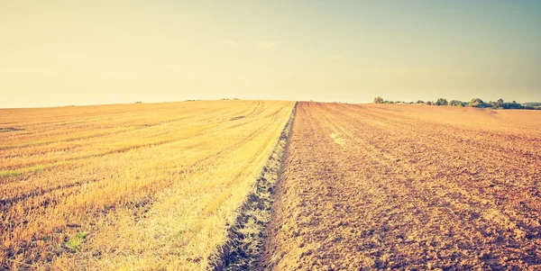 Vintage foto van geploegd veld landschap — Stockfoto