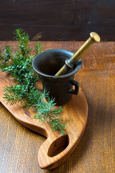 Mortar with juniper berries. preparation of spice — Stock Photo, Image