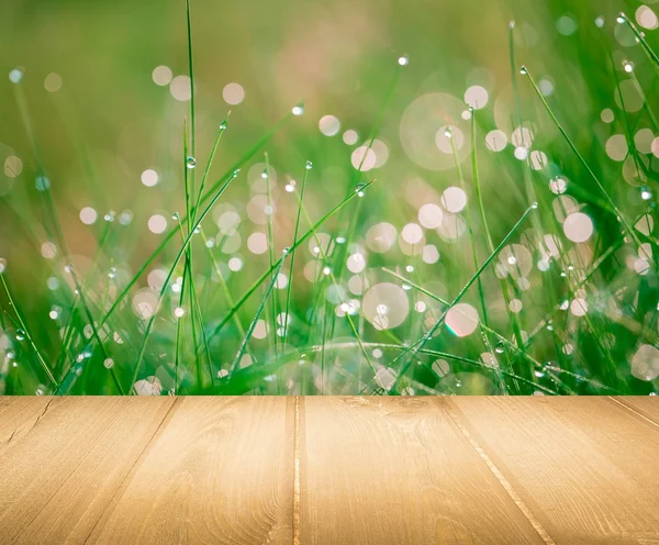 Vlhké jarní tráva s bokeh efekt a dřevěné floo — Stock fotografie