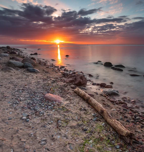 Rocky havsstranden vid soluppgången. Vackra marinmålning — Stockfoto