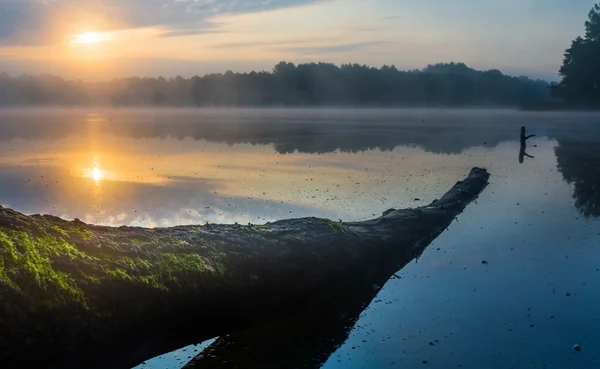 Krásný východ slunce nad zamlžené jezero. — Stock fotografie