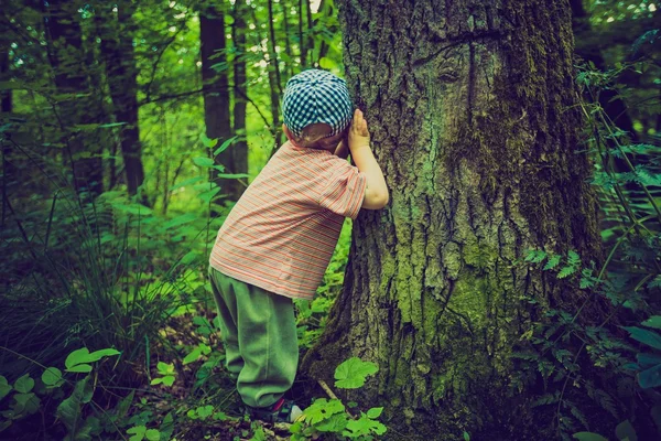 Niño jugando en el bosque — Foto de Stock