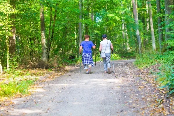 Two old womans nordic walking through forest path.