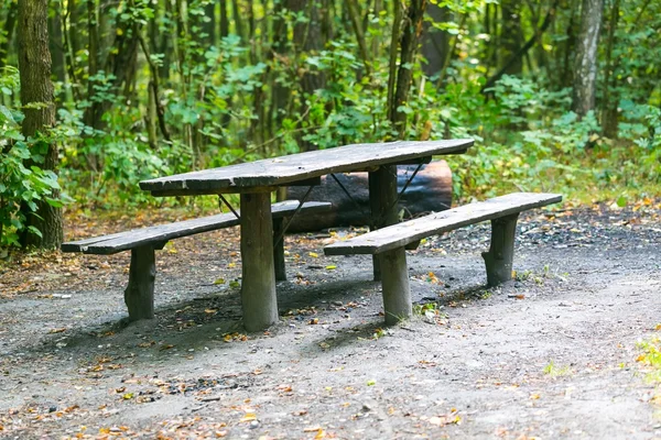 Banken en tabel in bos — Stockfoto