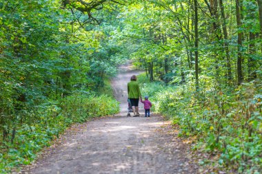 Bebek arabası ve yaz orman yolu tarafından yürüyüş bebek ile anne