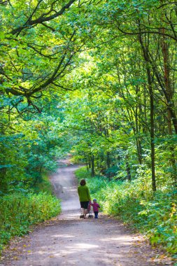 Bebek arabası ve yaz orman yolu tarafından yürüyüş bebek ile anne