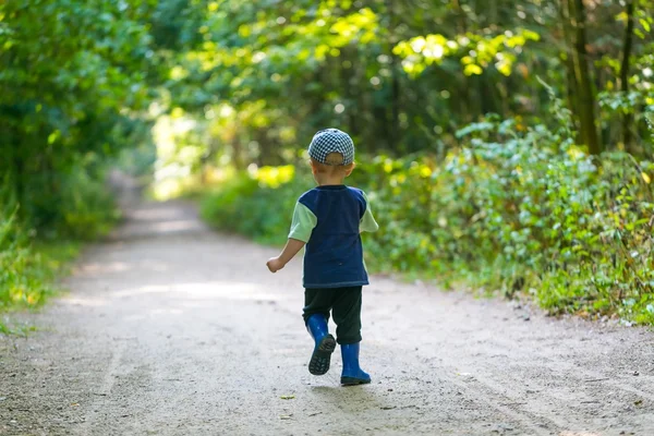 Menino correndo e brincando na floresta no verão . — Fotografia de Stock