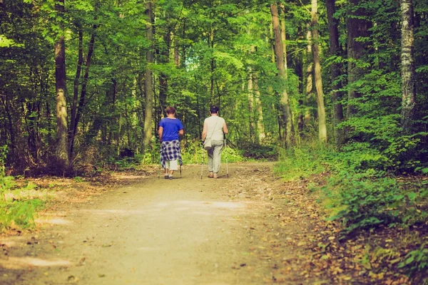 Photo vintage de deux vieilles femmes nordiques marchant à travers le sentier forestier . — Photo