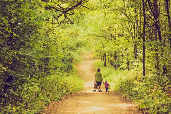 Photo vintage de mère avec poussette et bébé marchant sur le sentier forestier d'été — Photo