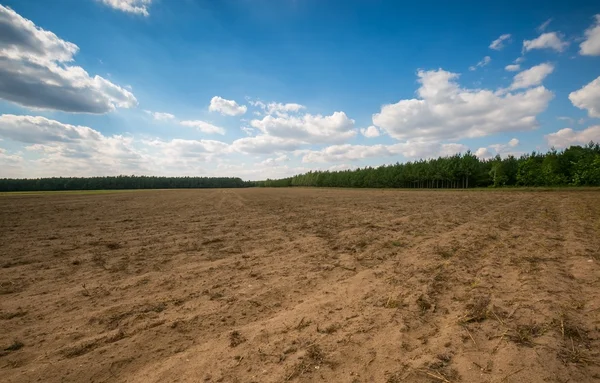 Bellissimo campo arato sotto cielo nuvoloso . — Foto Stock