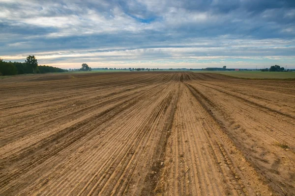 Prachtige landschap met geploegd veld onder hemel — Stockfoto