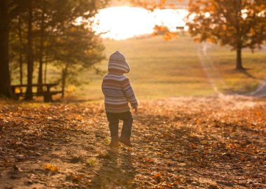 Küçük çocuk sonbahar manzara içinde yürüyüş