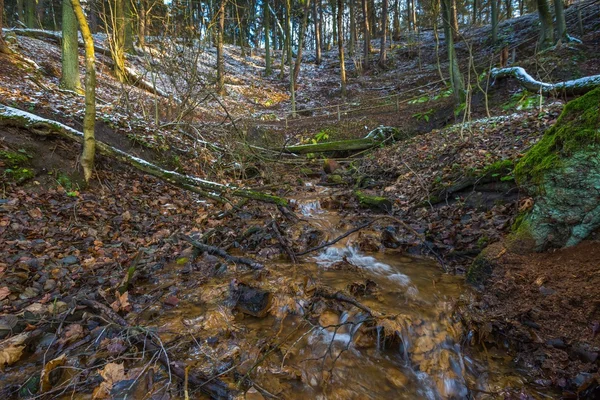 Landschap late herfst bos met eerste sneeuw en de kleine rivier — Stockfoto