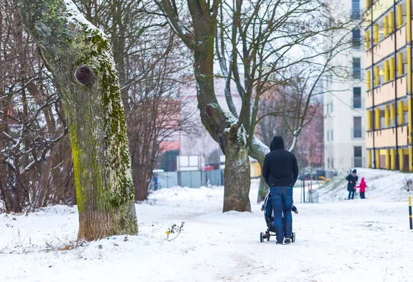 Man walking on snowy path with stroller